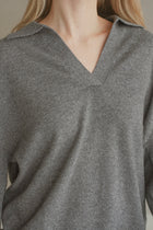 Womens Oversized Collar V-Neck, Heather Grey