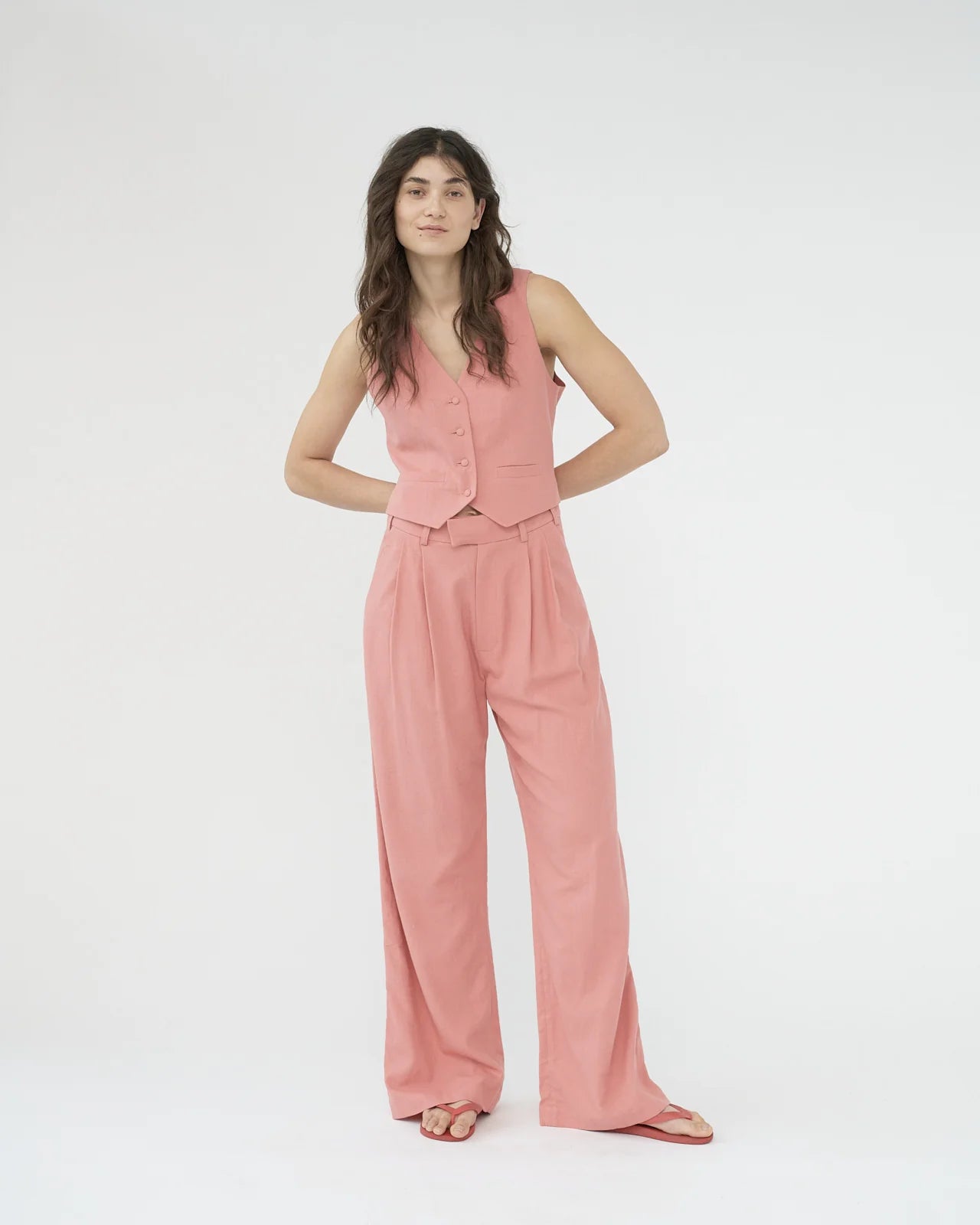 Linen Wide Box Pants, Raspberry