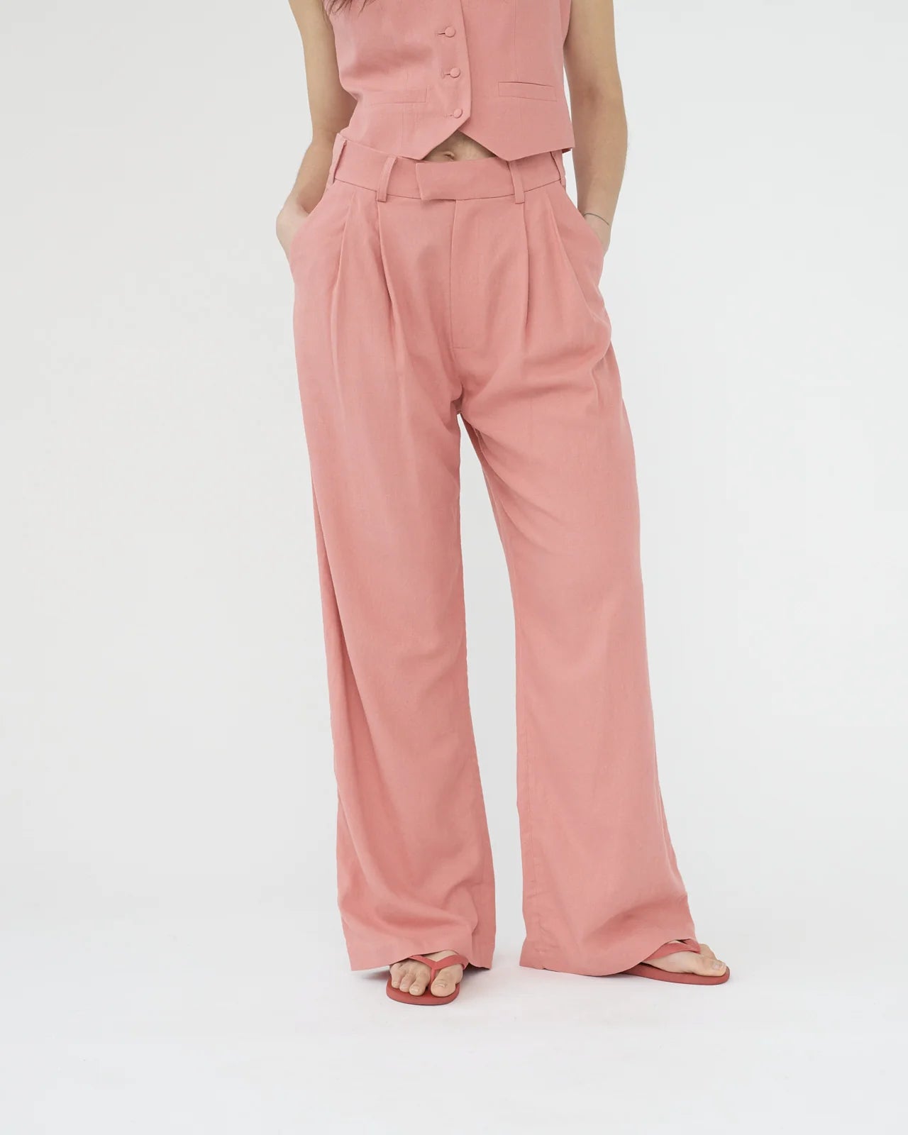Linen Wide Box Pants, Raspberry