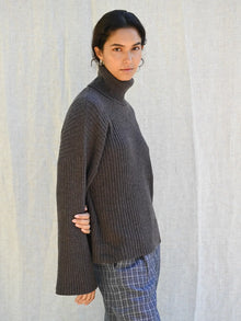 Ellen Cashmere T-Neck Sweater, Dark Brown Melange