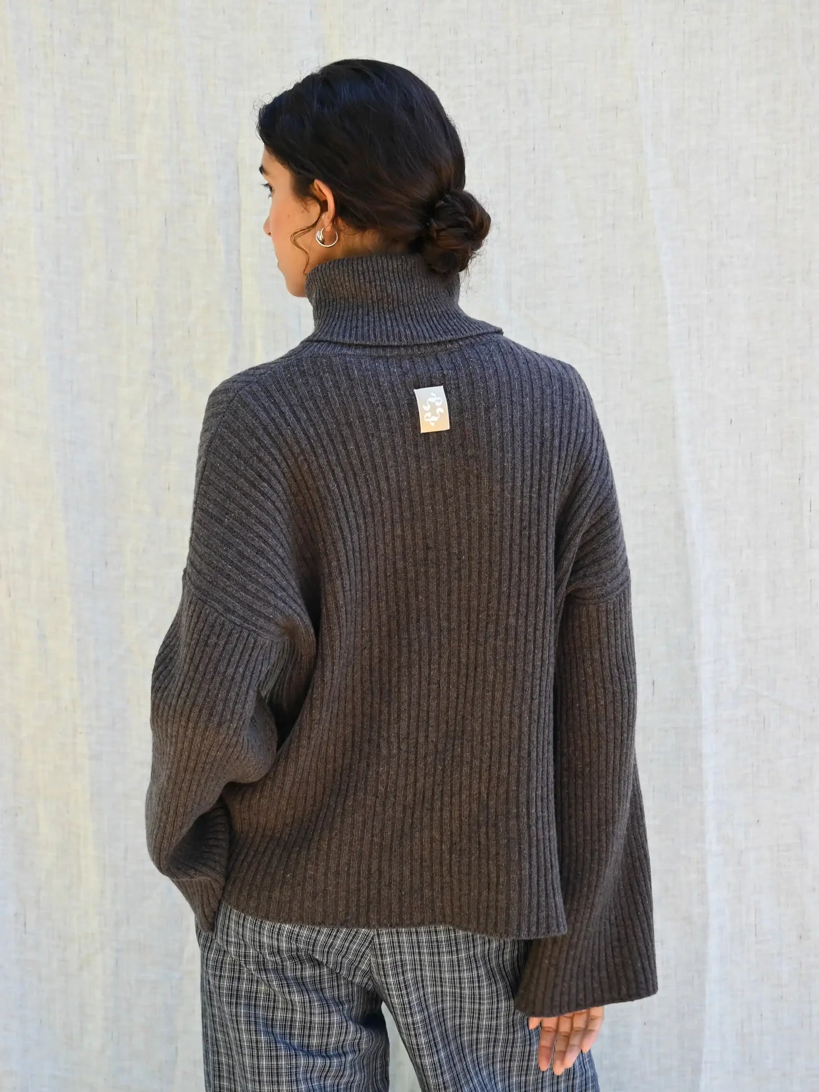 Ellen Cashmere T-Neck Sweater, Dark Brown Melange