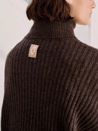 Ellen Cashmere T-Neck Sweater, Dark Brown Melange