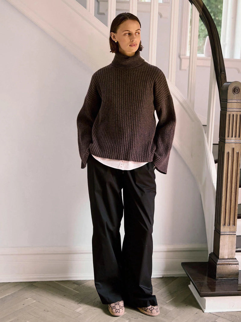 Ellen Cashmere T-Neck Sweater, Dark Brown Melange