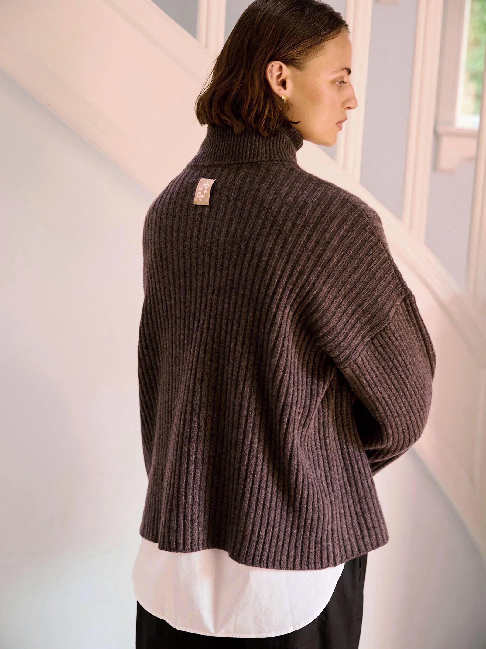 Ellen Cashmere T-Neck Sweater, Dark Brown Melange