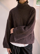 Ellen Cashmere T-Neck Sweater, Dark Brown Melange