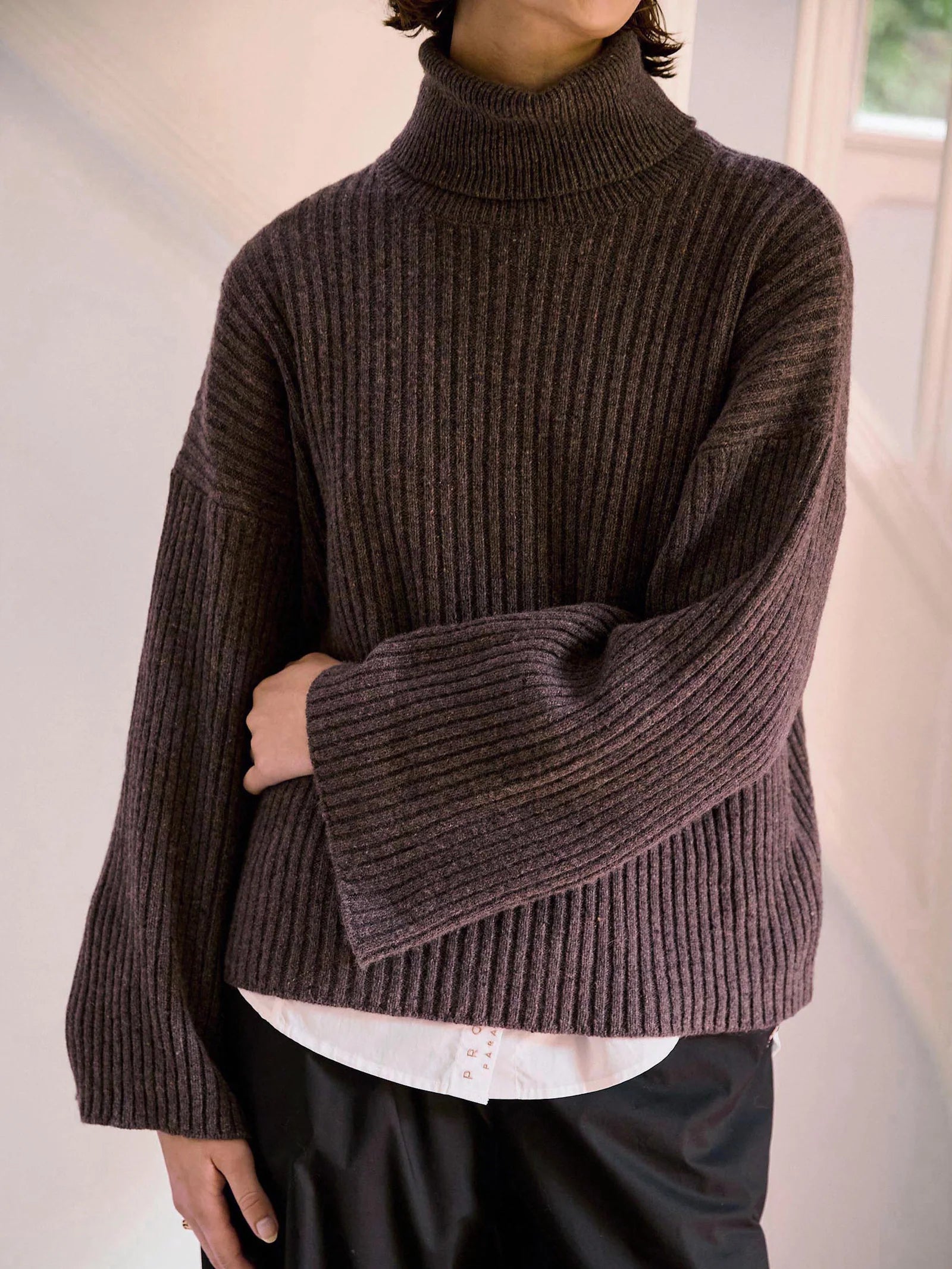 Ellen Cashmere T-Neck Sweater, Dark Brown Melange