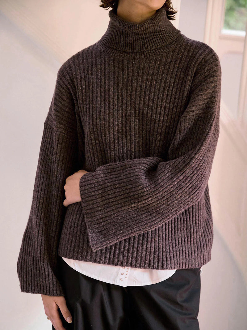 Ellen Cashmere T-Neck Sweater, Dark Brown Melange