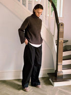 Ellen Cashmere T-Neck Sweater, Dark Brown Melange