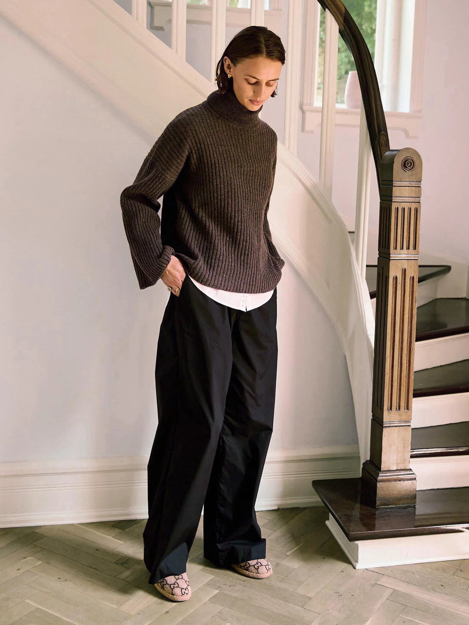 Ellen Cashmere T-Neck Sweater, Dark Brown Melange