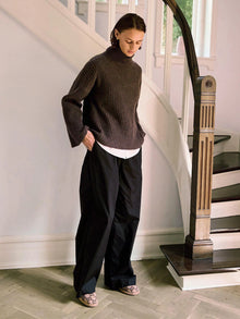 Ellen Cashmere T-Neck Sweater, Dark Brown Melange