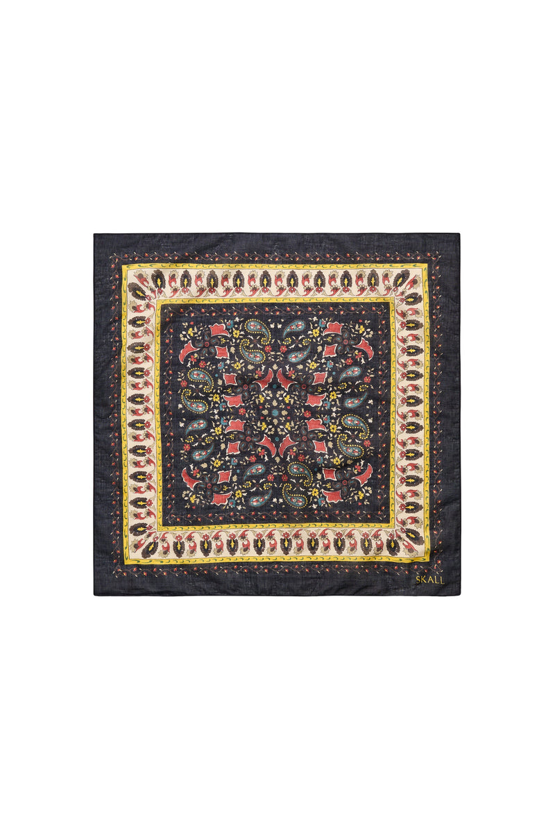 Mafalda Scarf 50x50, Black/Beige Kalamkari