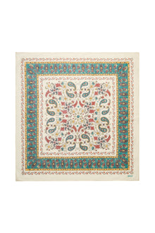 Mafalda Wool Scarf 90x90, Beige/Blue Kalamkari