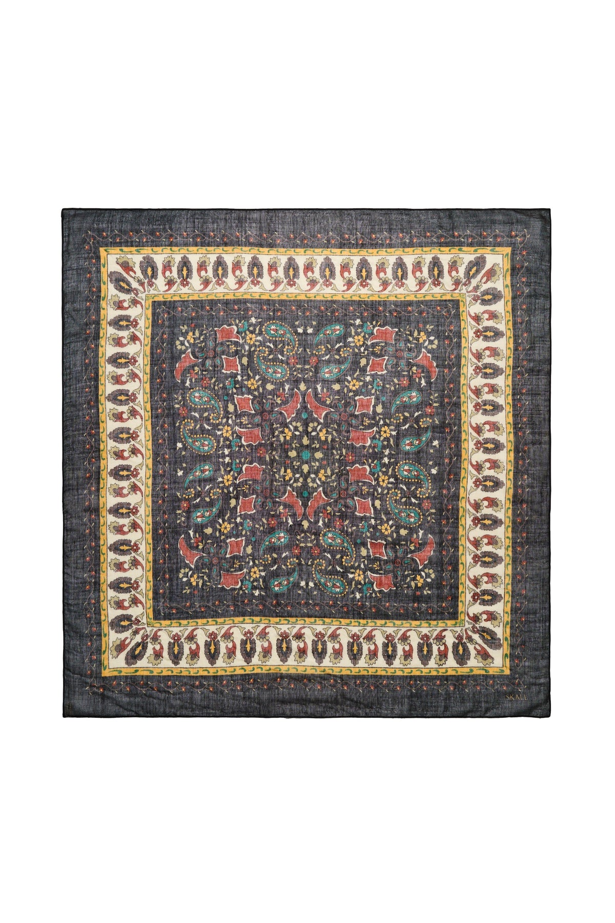 Mafalda Wool Scarf 90x90, Black/Beige Kalamkari