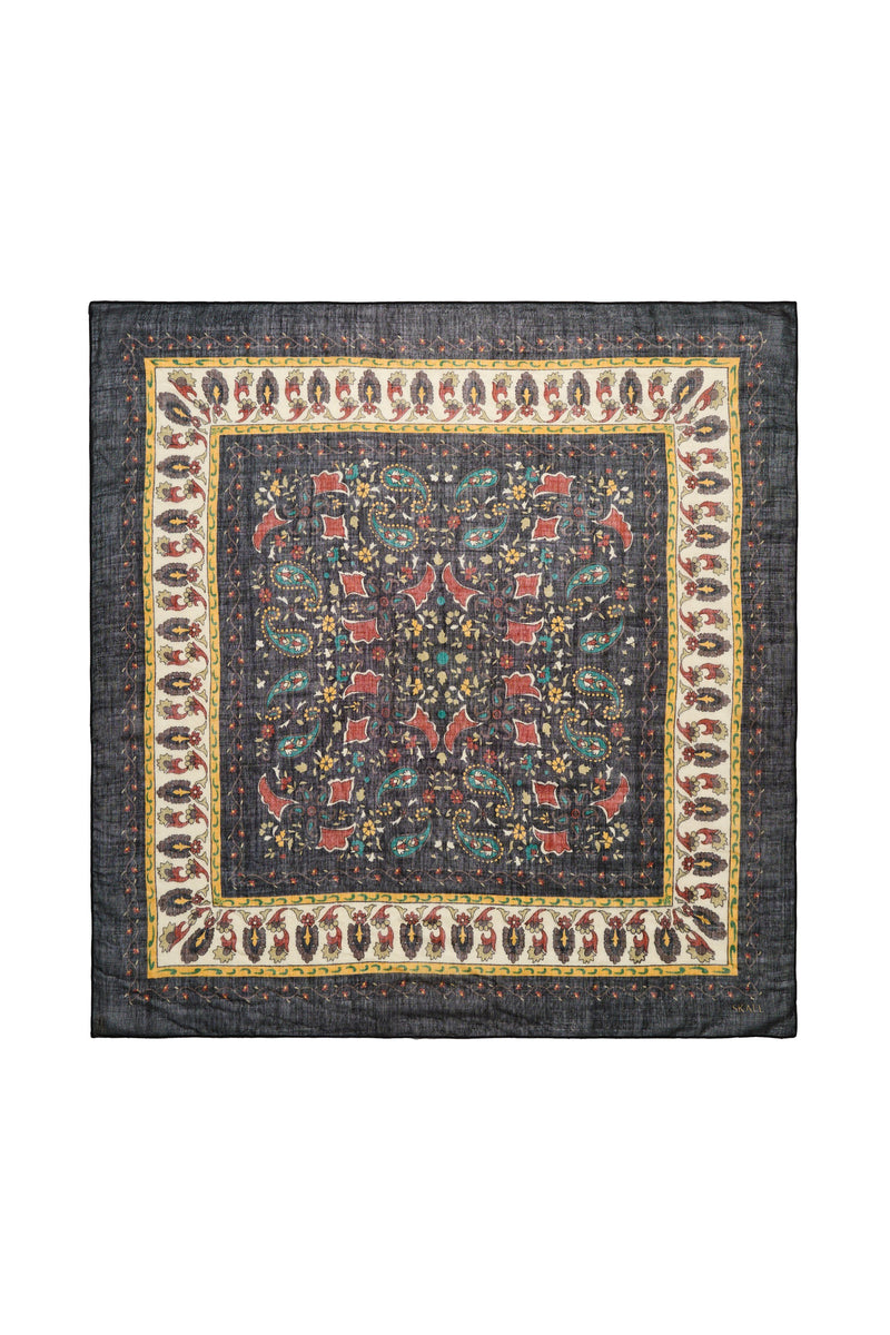 Mafalda Wool Scarf 90x90, Black/Beige Kalamkari