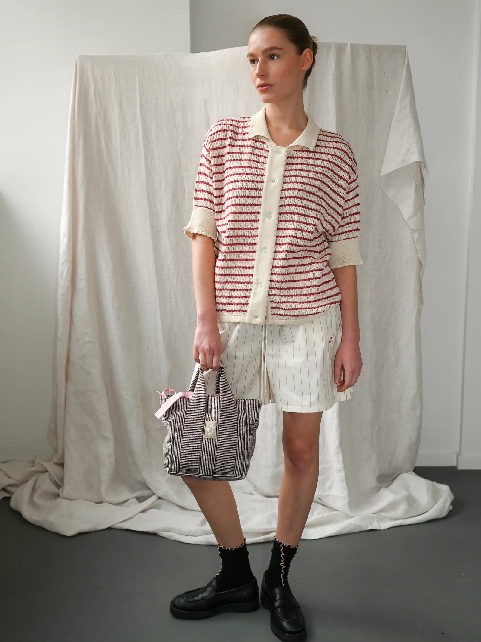 Lullu ss Polo Cardigan, Ecru / Holly Berry