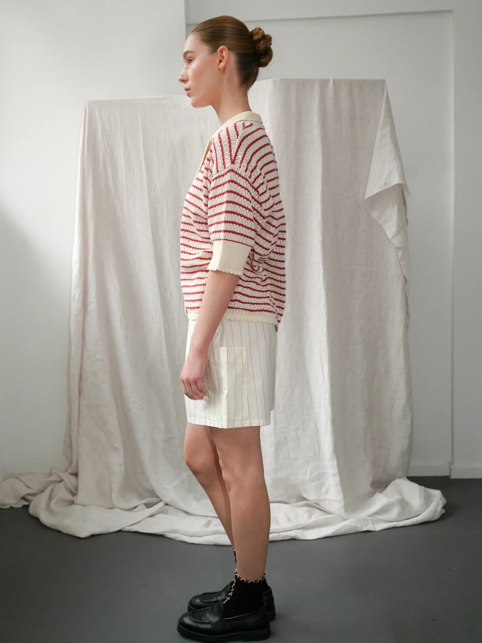 Lullu ss Polo Cardigan, Ecru / Holly Berry