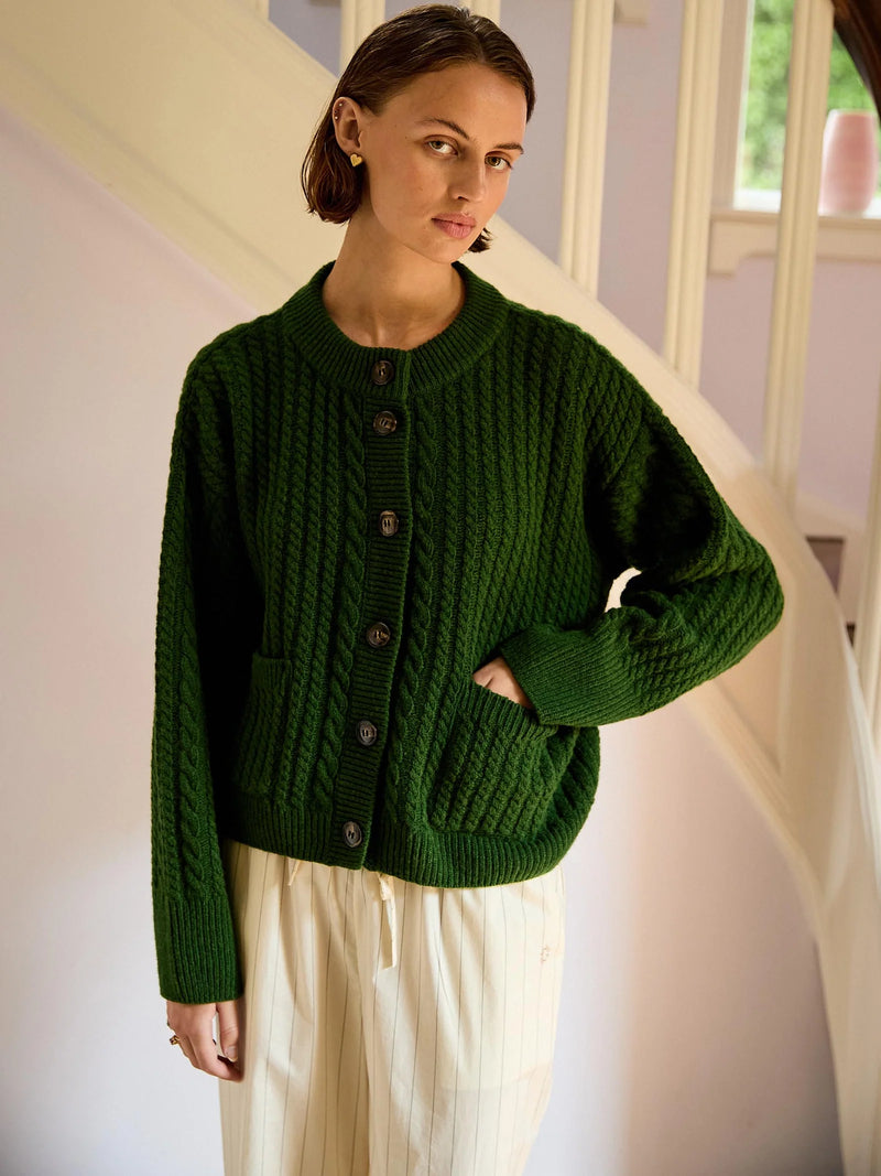 Gertrud Cable Cardigan, Cactus Green Melange