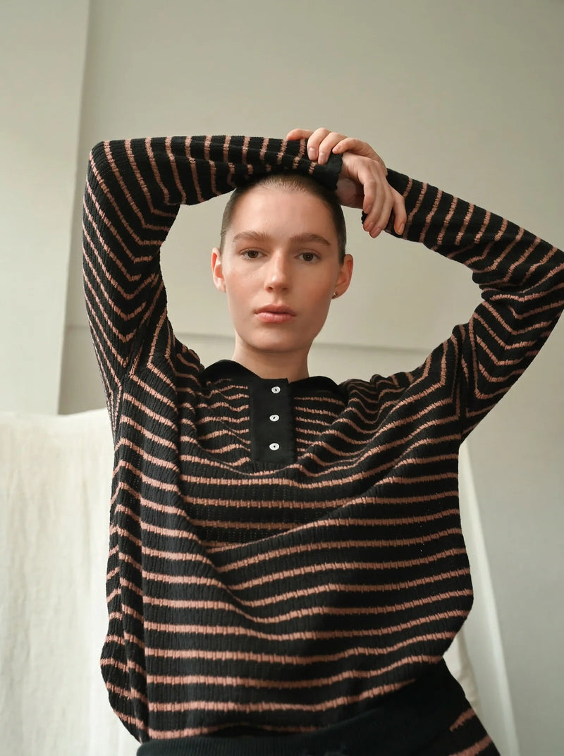 Nuria LS Polo Cardigan, Black / Cognac