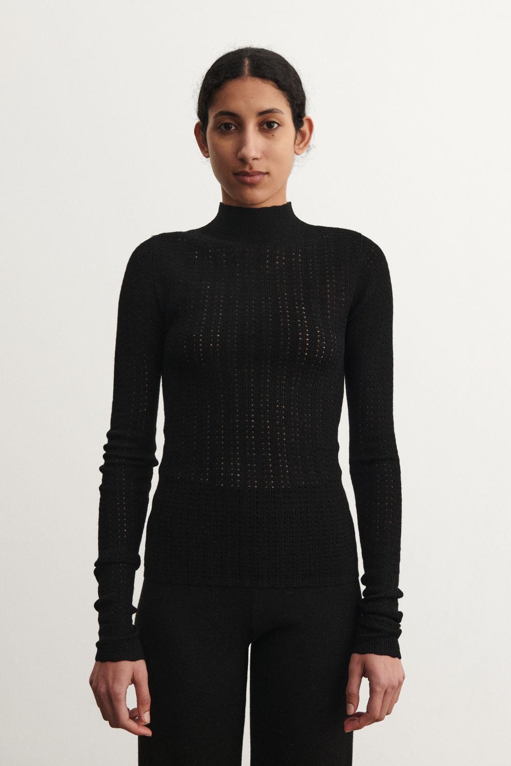 High Neck Pointelle Top, Black