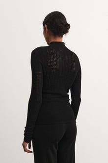 High Neck Pointelle Top, Black
