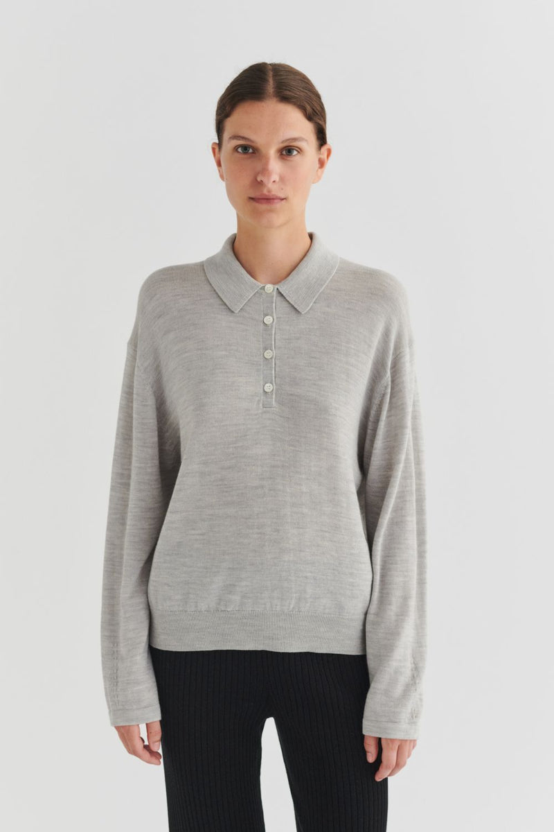 Wool LS Polo Shirt, Light Grey Melange