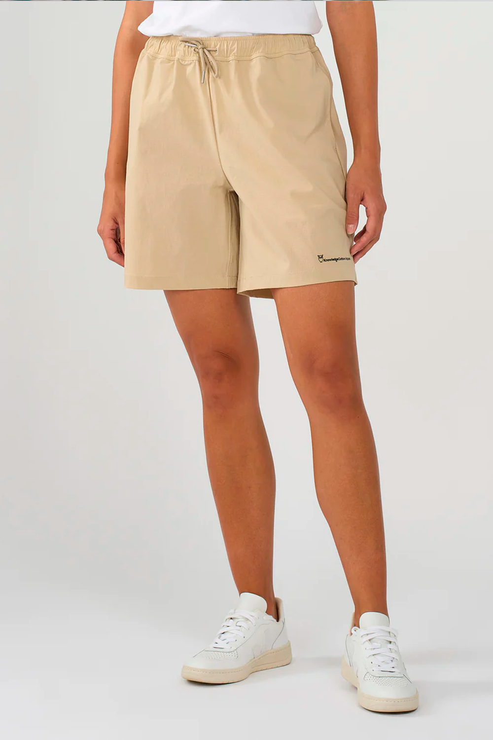 Stretch ribstrop elastic waist shorts, Safari