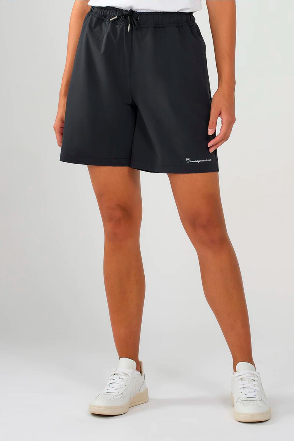 Stretch ribstrop elastic waist shorts, Black Jet